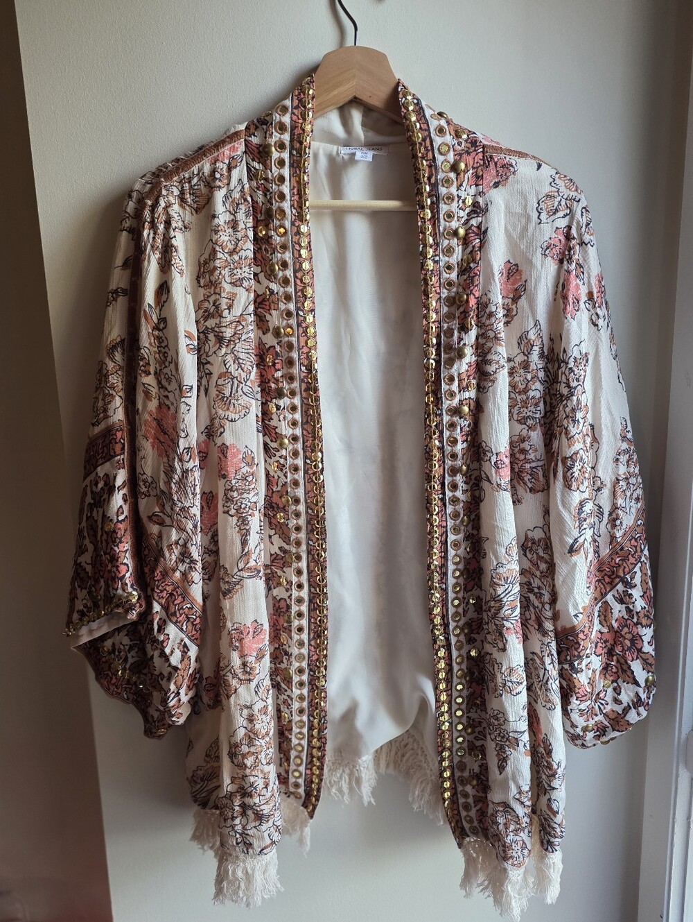 Tribal JEANS S/M-Tribal Women's Embellished Kimono in a botanical coral cashew